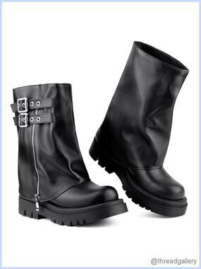 Women's Mid Calf Boots Slouchy Fold Over Moto Combat Platform